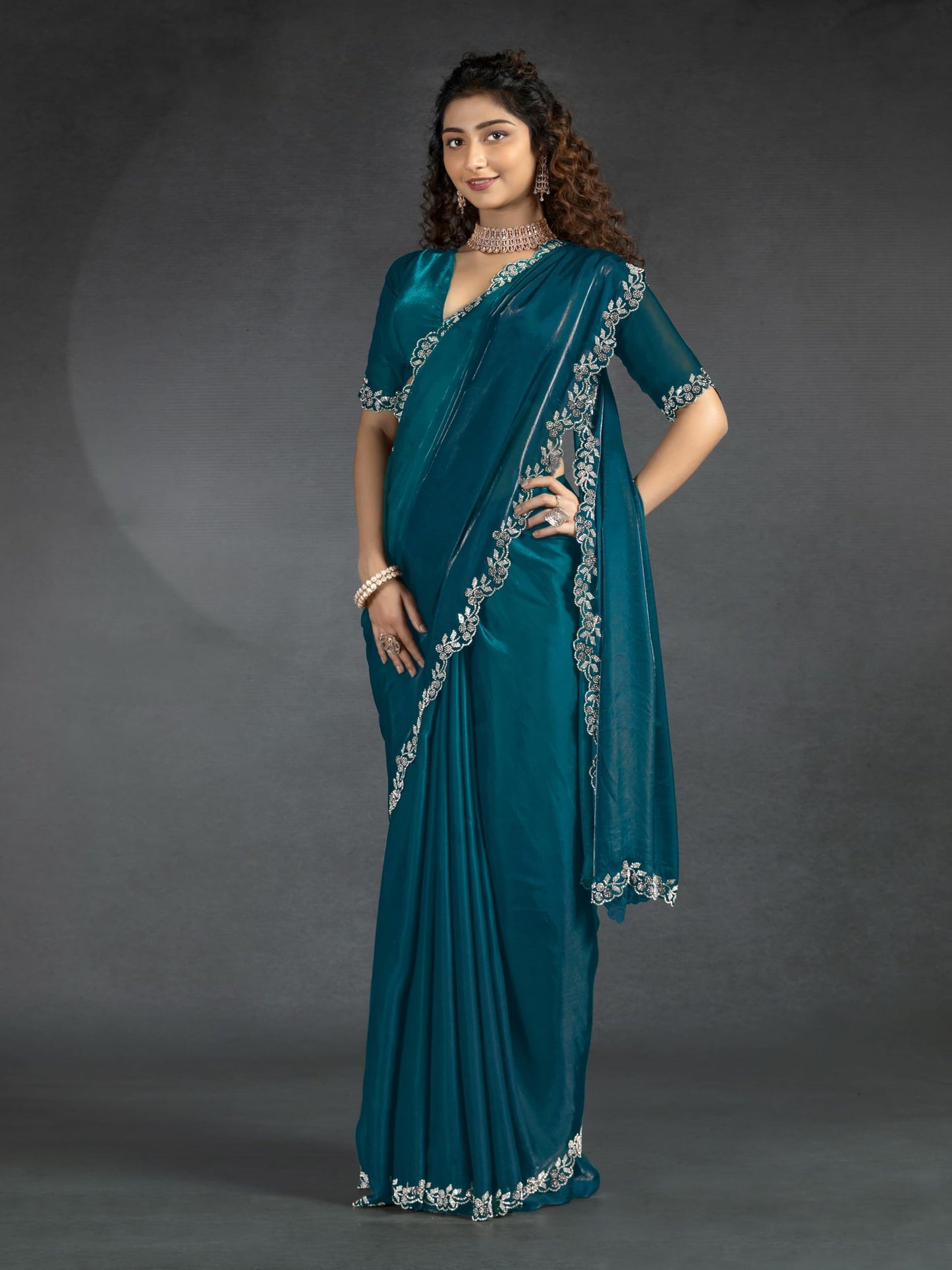 TRENDMALLS Women's Satin Zarkan Work Saree with Unstitched Blouse Piece (K1246-Morpeach)