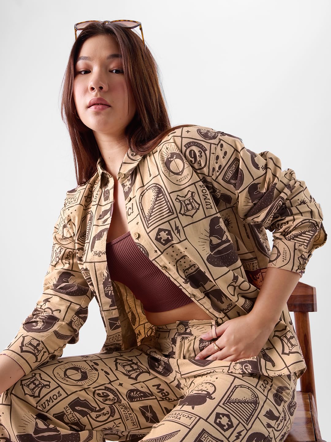 The Souled Store Official Harry Potter: Magical Women and Girls Long Sleeves Collared Neck Button Front Brown All Over Printed Cotton Blend Boyfriend Shirts