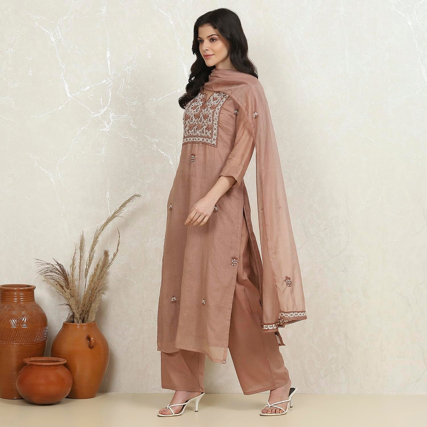 Biba Women's Brown Cotton Hand Embroidered Unstitched Suit Set