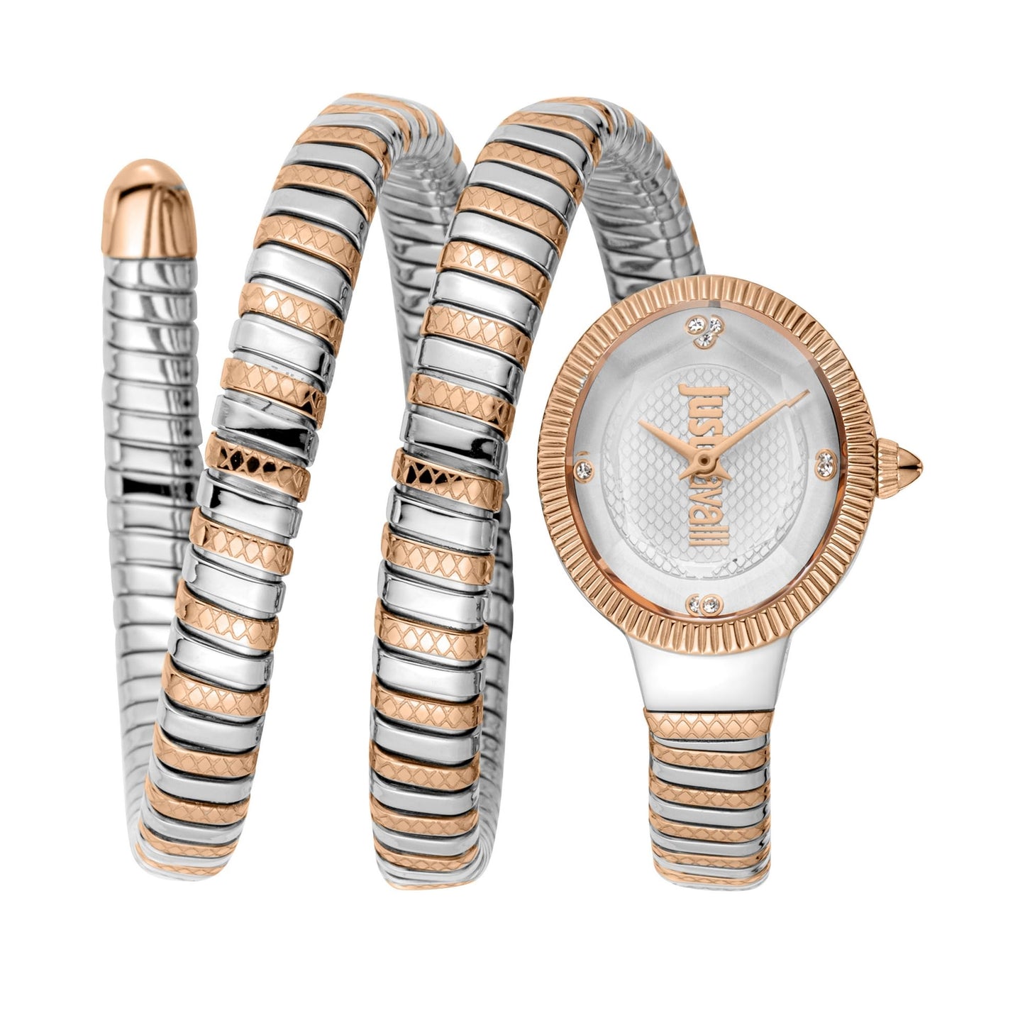 Just Cavalli Women Watch, Rose Gold Color Case, Black Dial, Two Tone Black & Rose Gold Color Metal Bracelet, 2 Hands, 3 ATM (Two Tone Silver & Rose Gold Color)