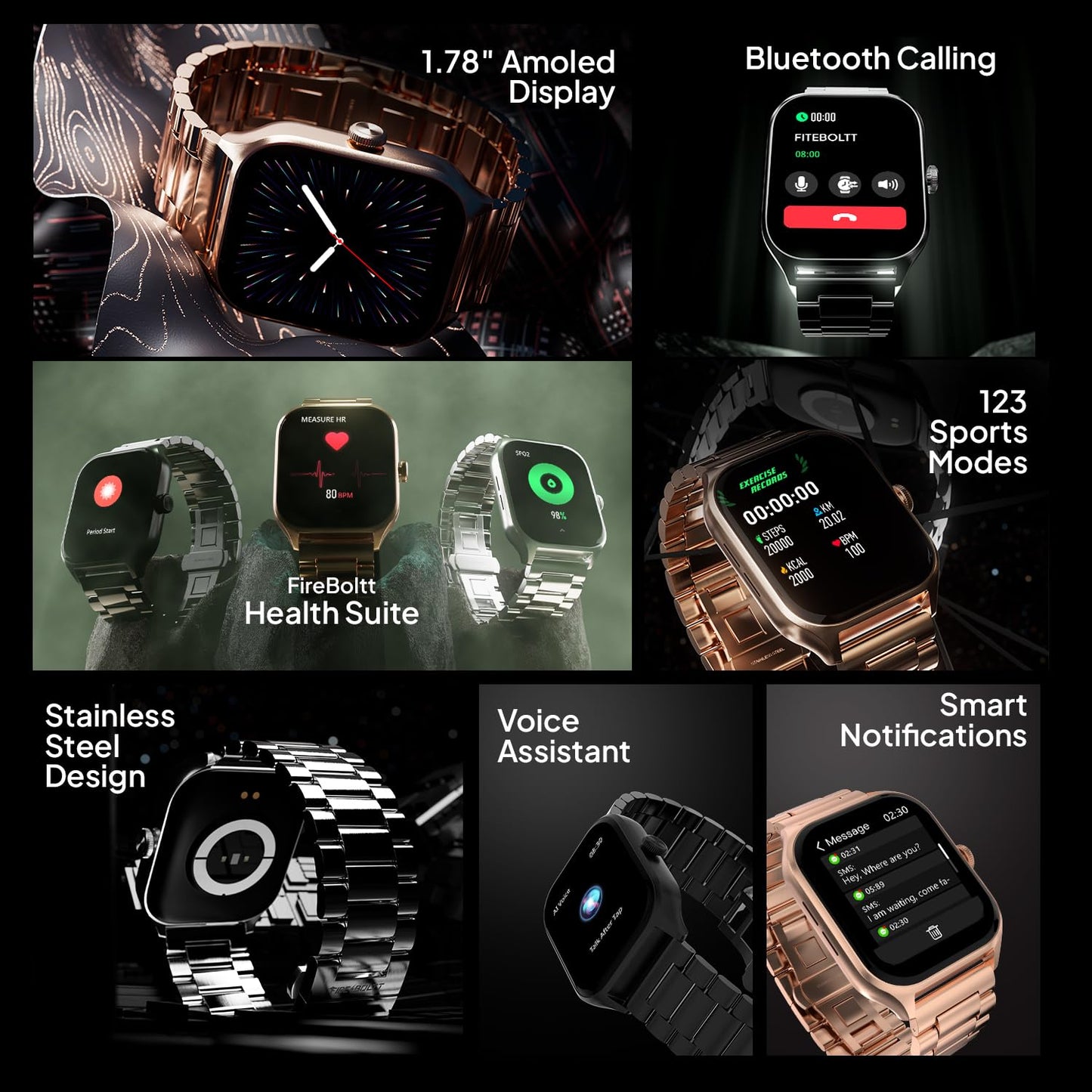 Fire-Boltt Solaris 1.78 AMOLED Always-on Display with 368 * 448 px Resolution, 123 Sports Mode, IP68 Water-Resistant, Long-Lasting Battery Life and Comprehensive Health Tracking (Black)