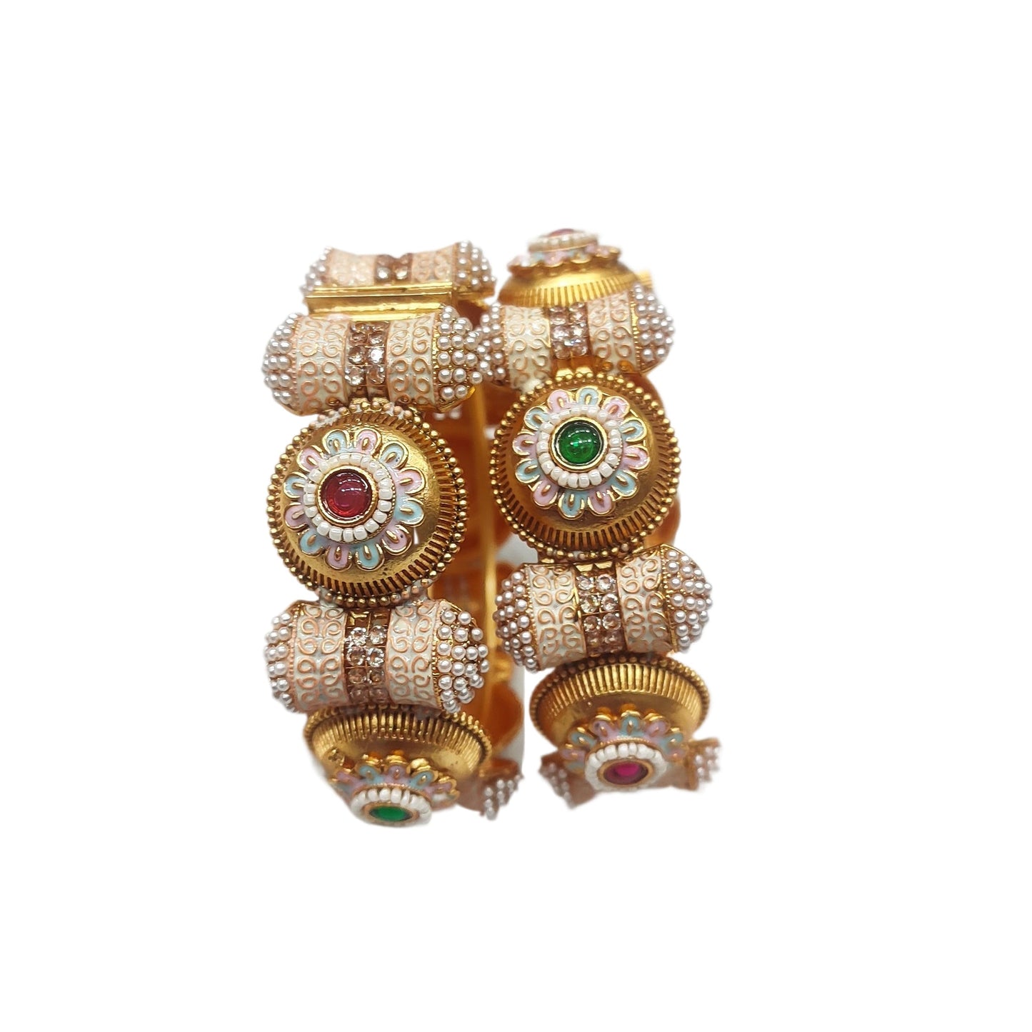 MEHAK CURATORS Rajwadi Gold Plated Pearl Kemp AD Stone Openable Screw Bangles Kada Set of 2 (2.4)