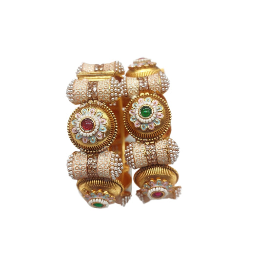 MEHAK CURATORS Rajwadi Gold Plated Pearl Kemp AD Stone Openable Screw Bangles Kada Set of 2 (2.4)