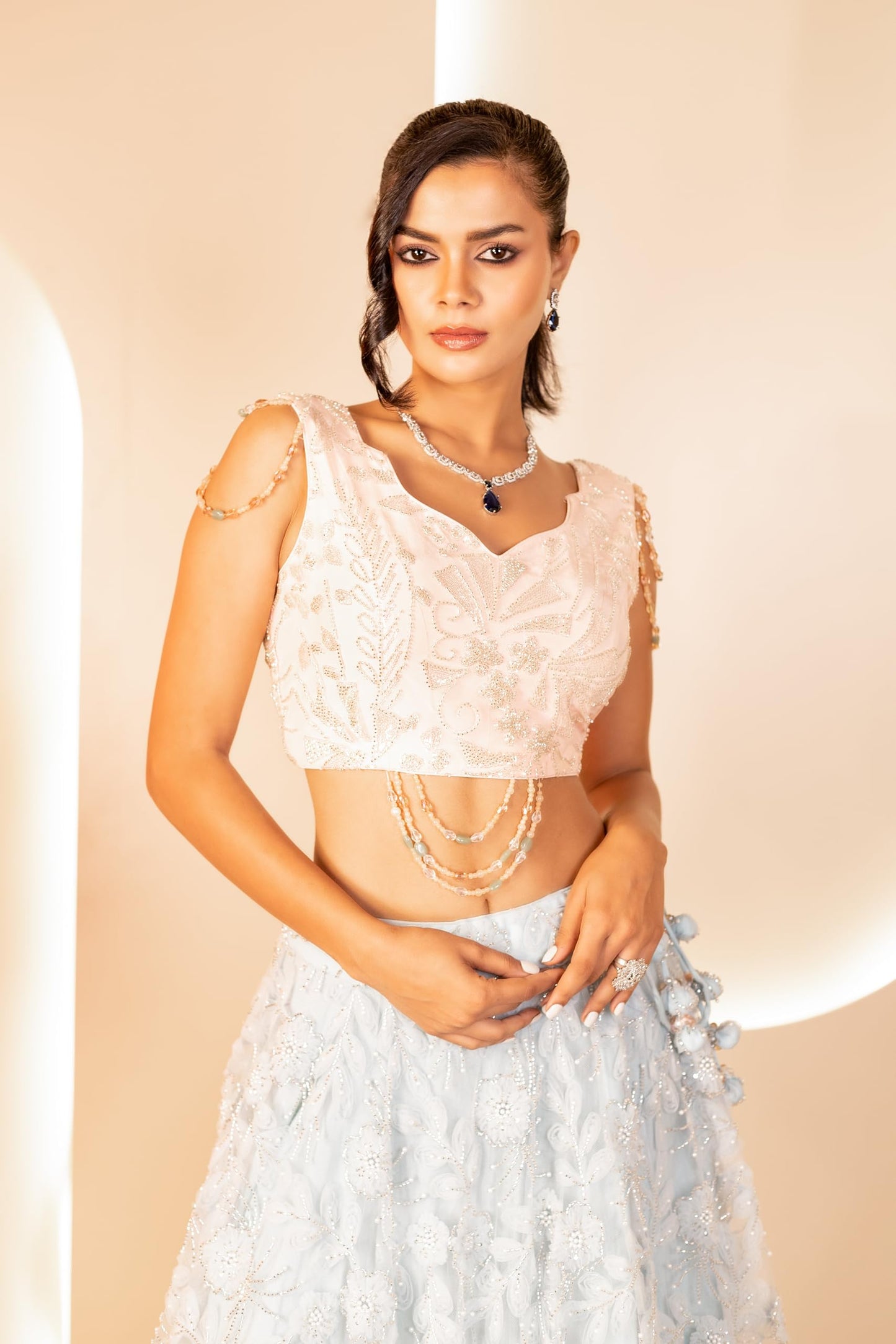 The Behruz Theory Mint & Peach 3D Embroidered Ensemble Lehenga | Net Fabric Lehenga | Party wear dress for women | Perfect for your special occasions | Traditional and stylish Lehenga set for women