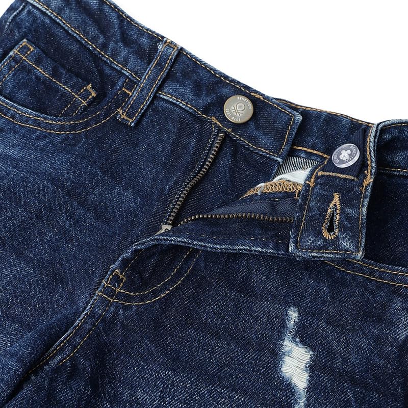 United Colors of Benetton Solid Wide Leg Fit Damaging Frayed Hem Denim Dark Wash Jeans
