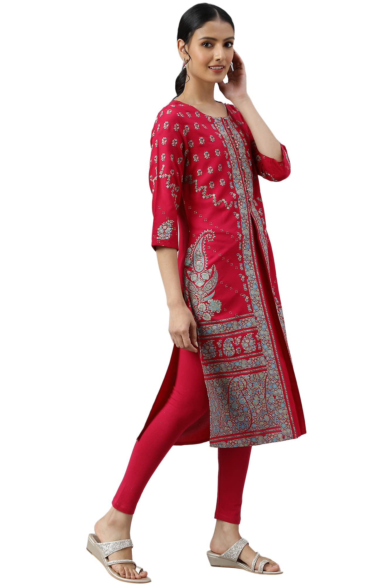 W for Woman Pink Placement Print Rayon Kurta