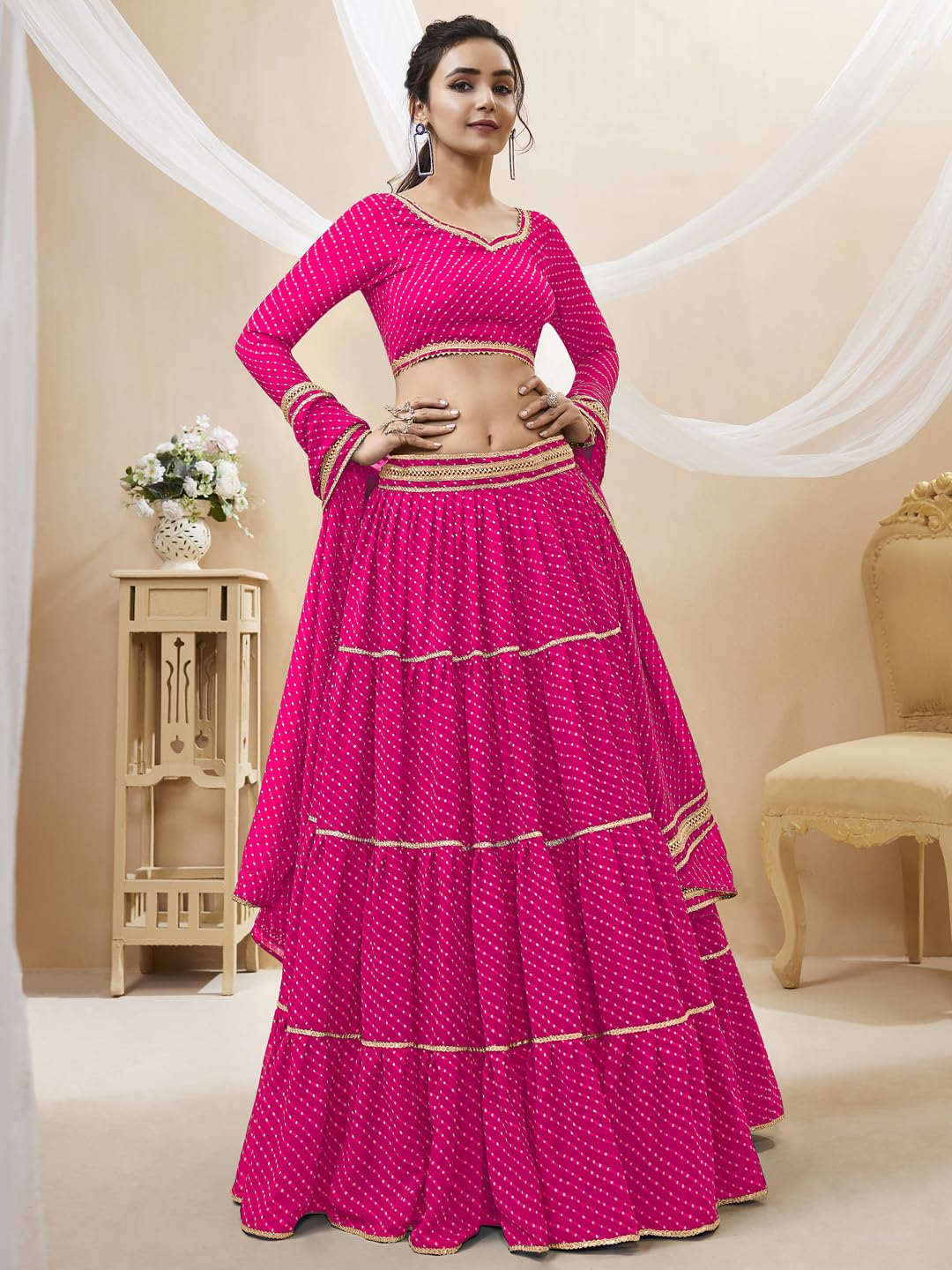 Zeel Clothing Women's Leheriya Print Pure Georgette Semi-stitched New Lehenga Choli Set With Dupatta (603-Pink-Stylish-Wedding-Designer-New; Free Size)