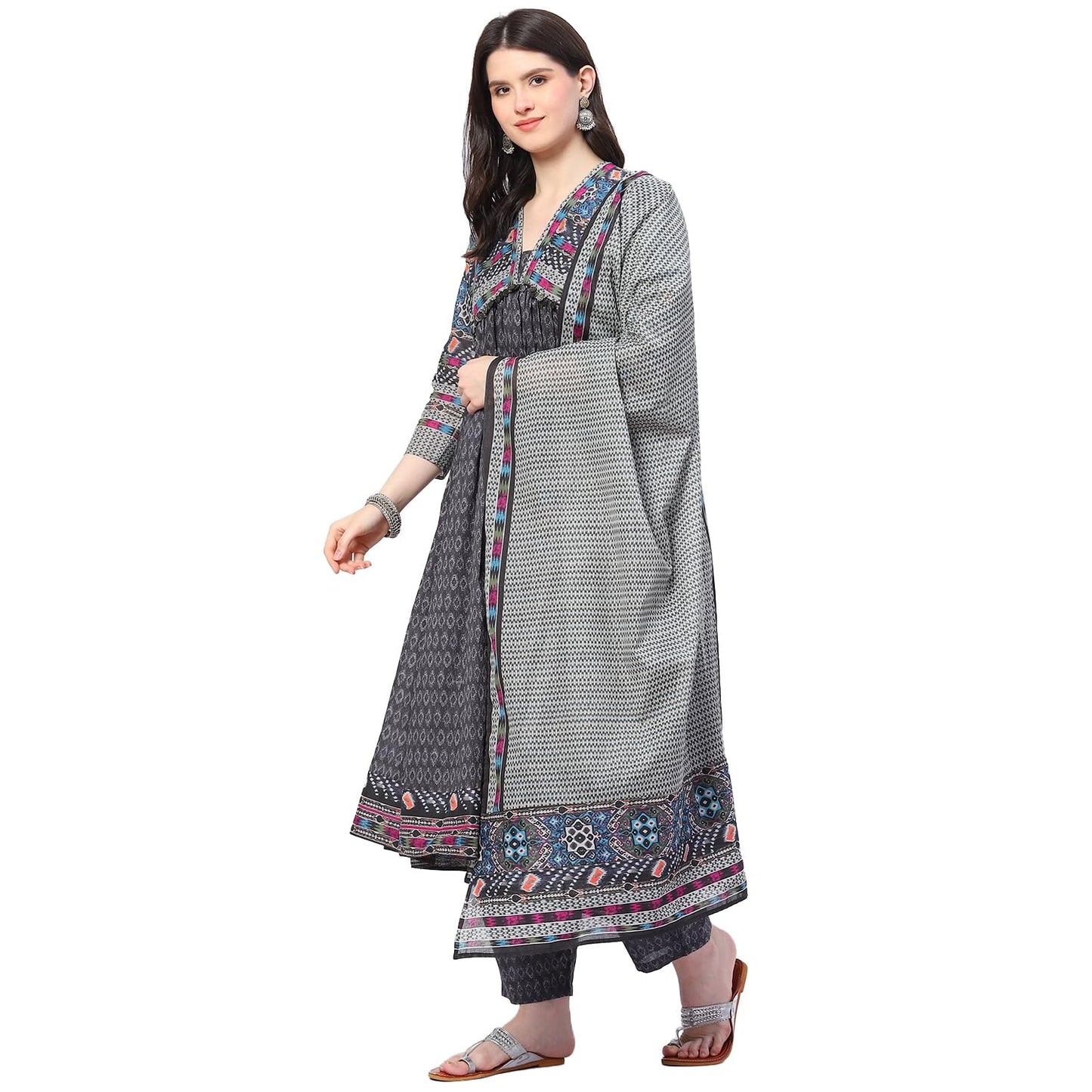 BIBA WOMEN PRINTED ANARKALI SALWAR KURTA DUPATTA(SKDIKAT STO8991_CHARCOAL_34)