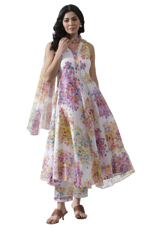 W Women White Floral Print Cotton Co-Ord Kurta Set, Straight Pant & Dupatta_24FEWS11249-123571_XS