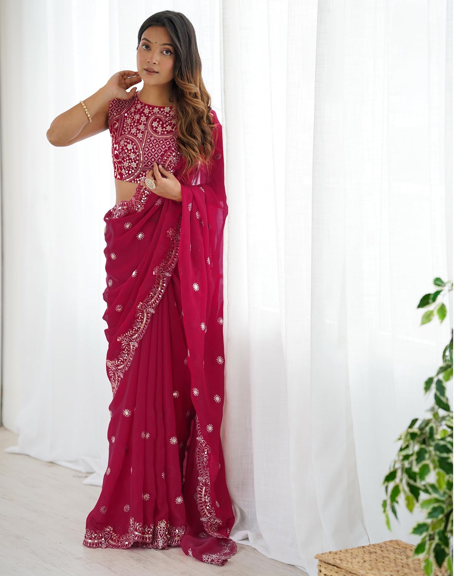 SIRIL Women's Chiffon Dual Tone Sequins Embroidery Saree with Unstitched Blouse Piece (4856S153A_Rani Pink)