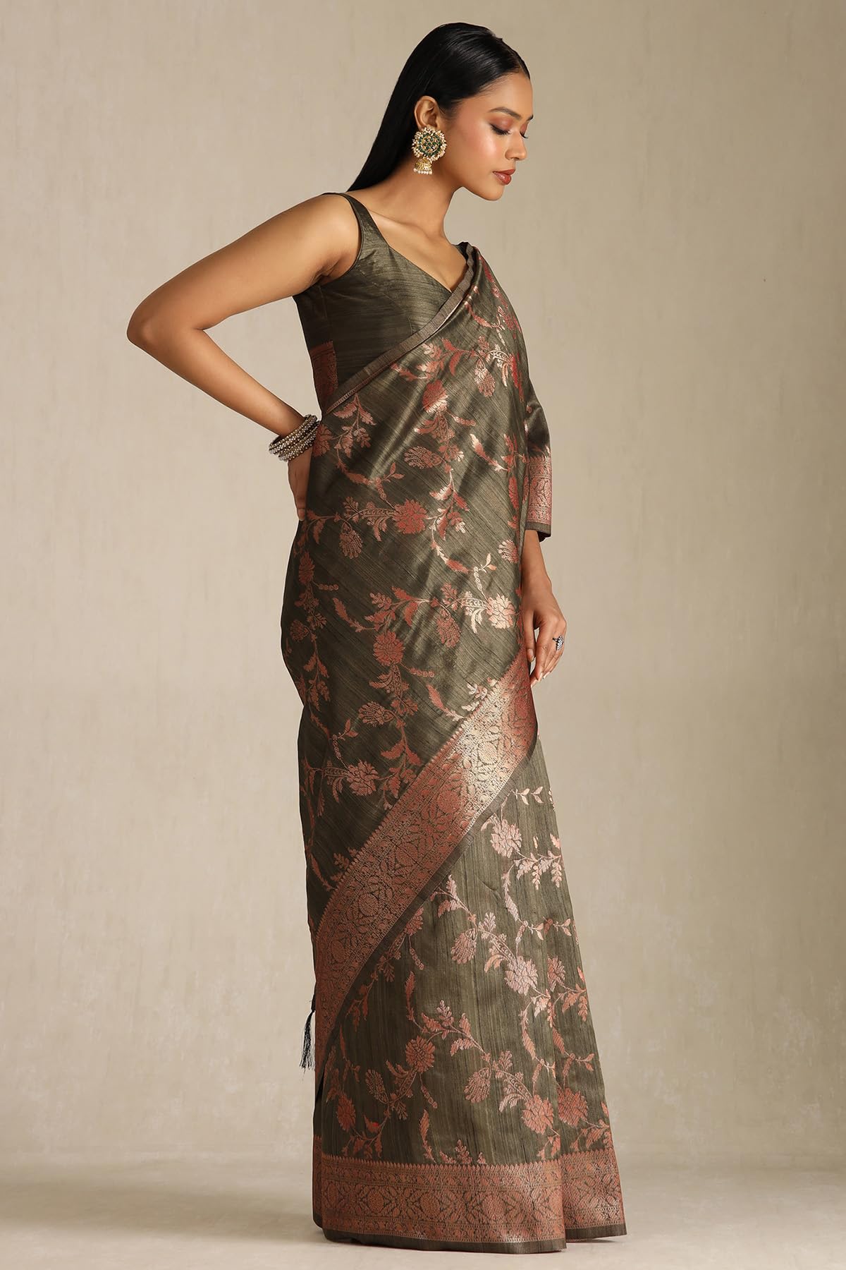 Soch Womens Olive Tussar Floral Print Saree With Zari Woven