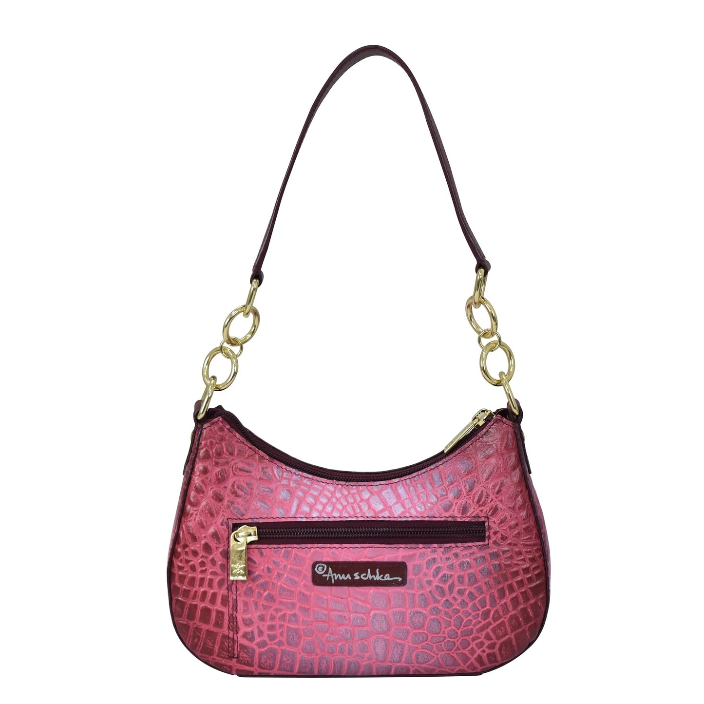 Anuschka Women’s Hand-Painted Genuine Leather Small Convertible Hobo - Croco Embossed Berry