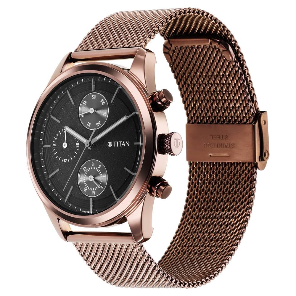 Titan Neo Splash Quartz Analog with Day-Date Black Dial Metallic Brown Stainless Steel Strap Watch for Men - NT1805QM05