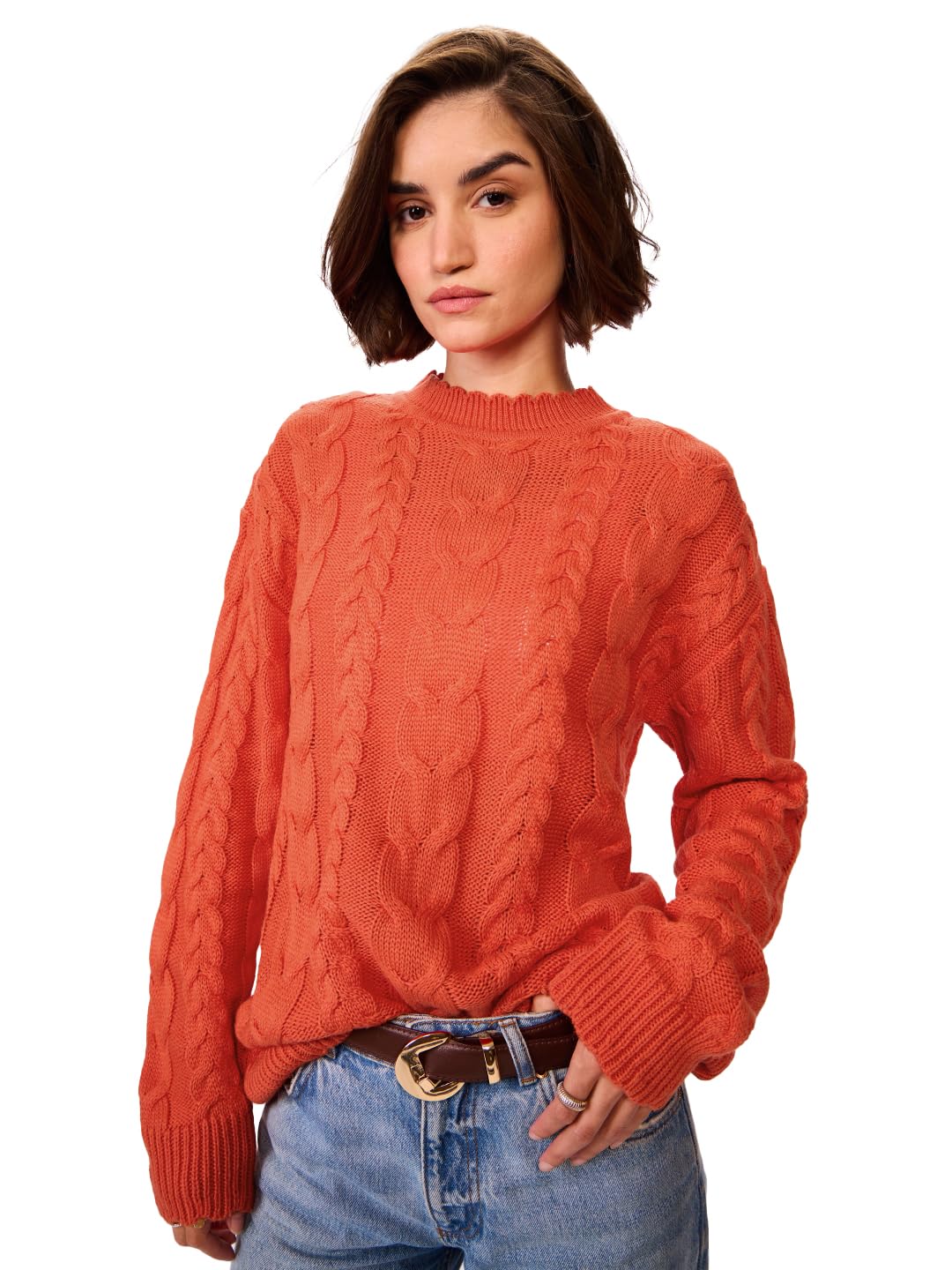 The Souled Store Cable Knit Sweater Originals: Fiery Orange Women Oversized Sweater