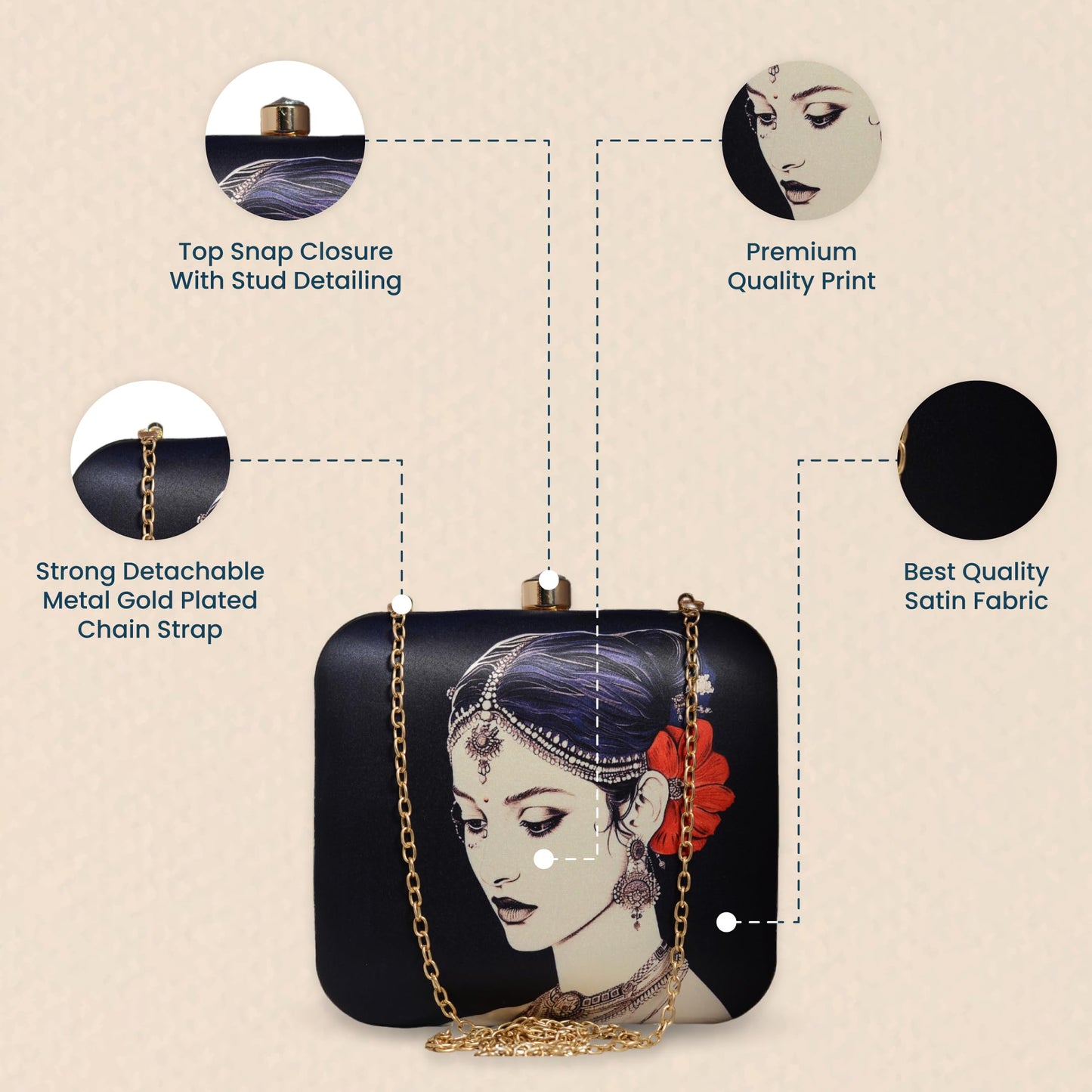 Artklim Portrait of Indian Women Printed Clutch Bag for Women with Detachable Strap