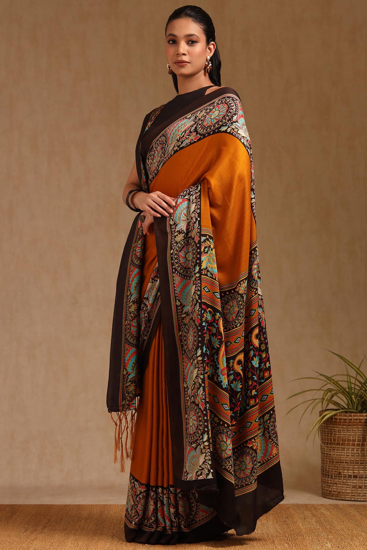 Soch Womens Mustard Pashmina Floral Print Saree