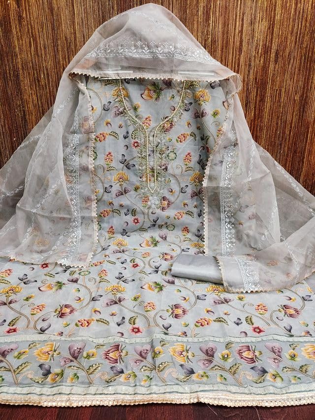 VARNI FABRICS Organza Dress Material for Women Floral Unstitched Woman Salwar Suit Dress Material With Organza Dupatta Pastel Pink