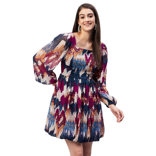 Carlton London Women's Chiffon Fit and Flare Above The Knee Dress (CL656A_Multi_XS) Multicolour