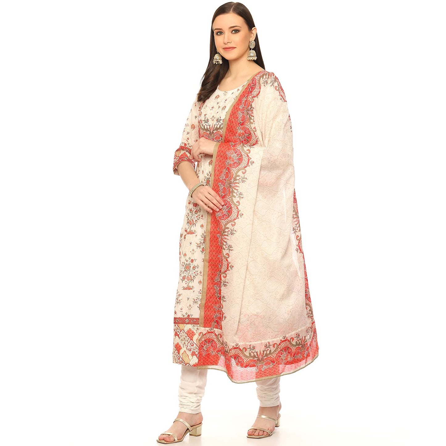 BIBA WOMEN PRINTED FITTED SALWAR KURTA DUPATTA(SKDVINTAGE 8652_CREAM_38)