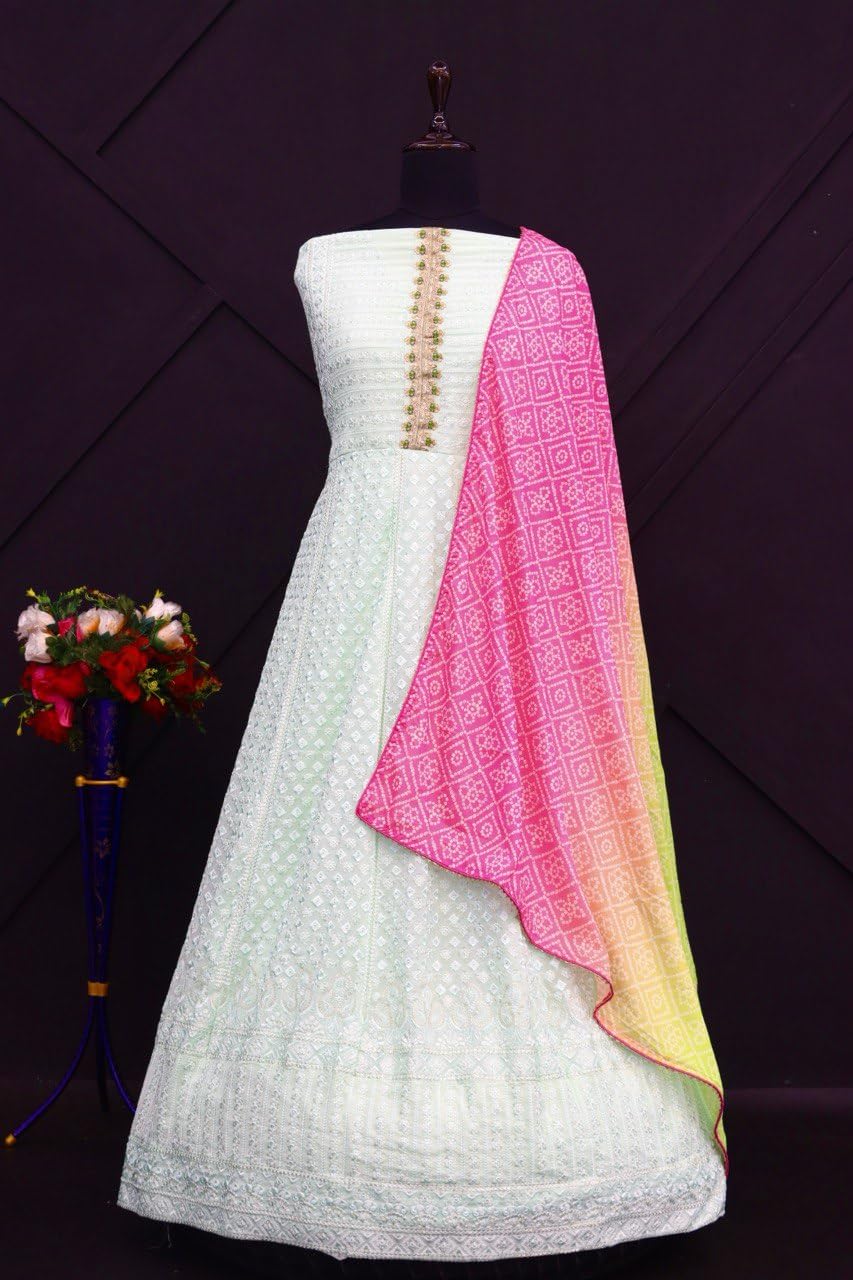 RUDRAPRAYAG Women's Georgette Long Sleeve V-Neck Maxi Anarkali Gown I Semi Stitched Womens Ethnic Wear