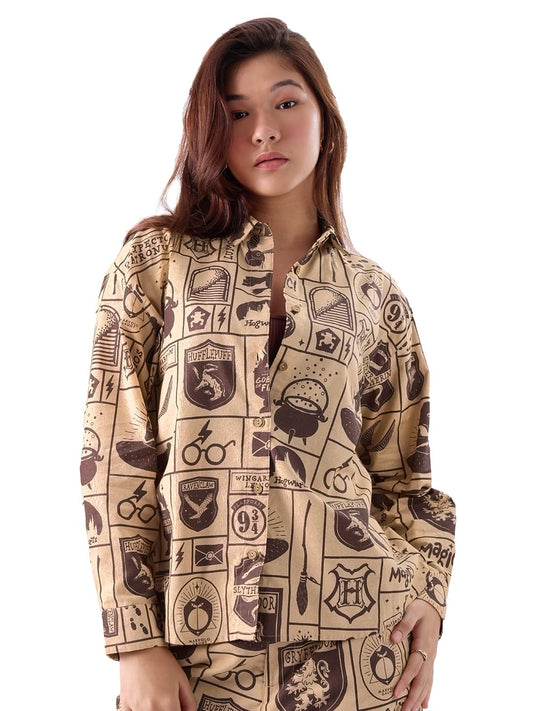 The Souled Store Official Harry Potter: Magical Women and Girls Long Sleeves Collared Neck Button Front Brown All Over Printed Cotton Blend Boyfriend Shirts