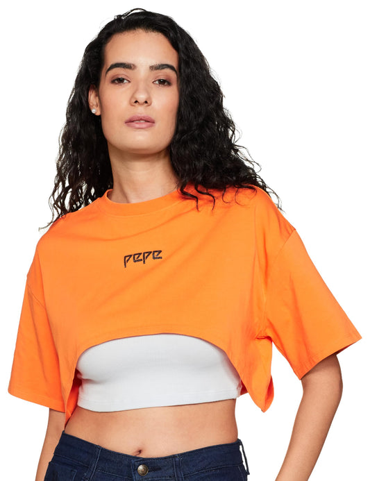 Pepe Jeans Solid Round Neck Cotton Women's T-Shirt (Orange,Large)