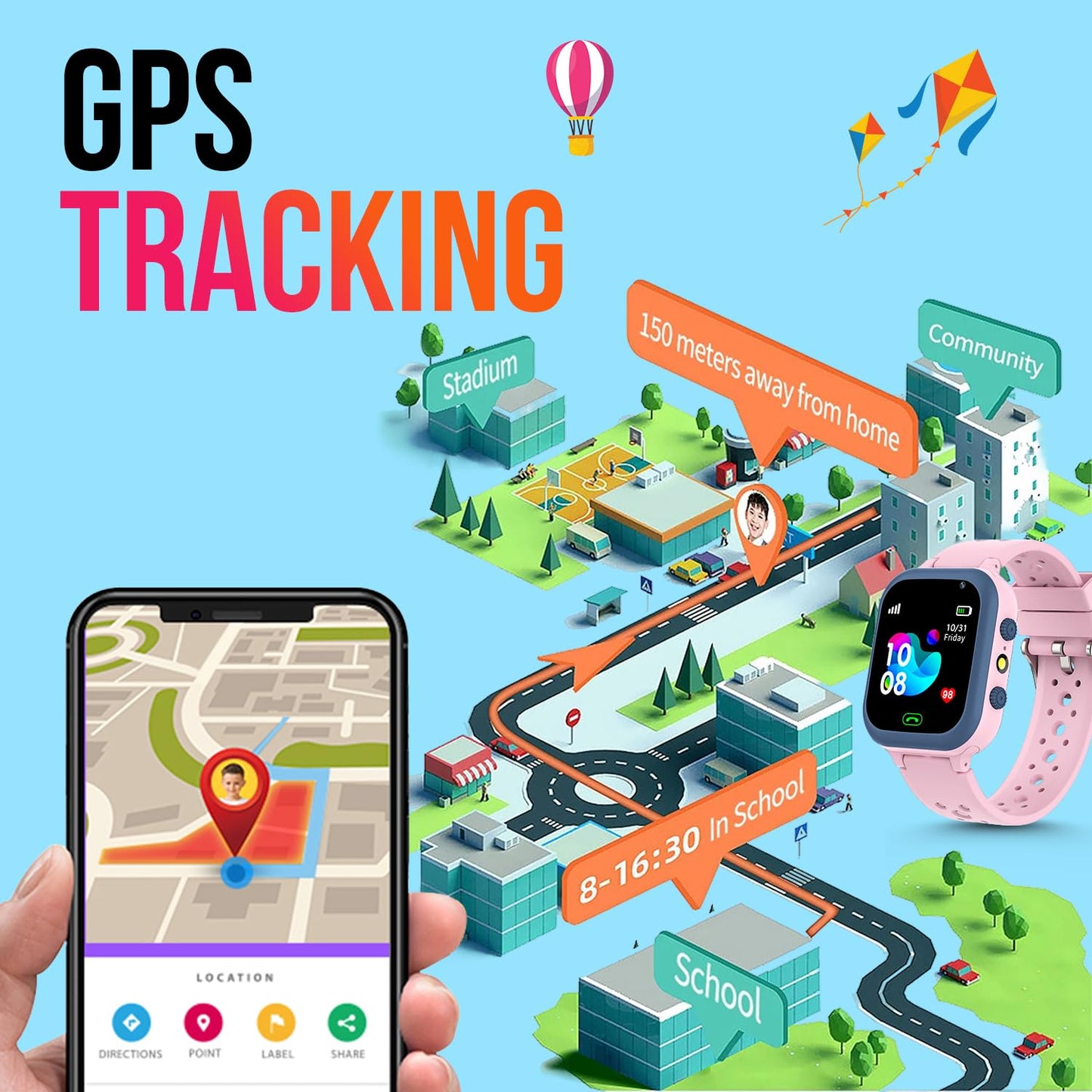 PunnkFunnk Kids Smart Watch 1.44" TFT Display, 4G Sim Card Phone with Long-Lasting Voice Call, Kids GPS, Music Player, Alarm Clock, Games, & IP67 Waterproof(Pink)(Made by MELBON)