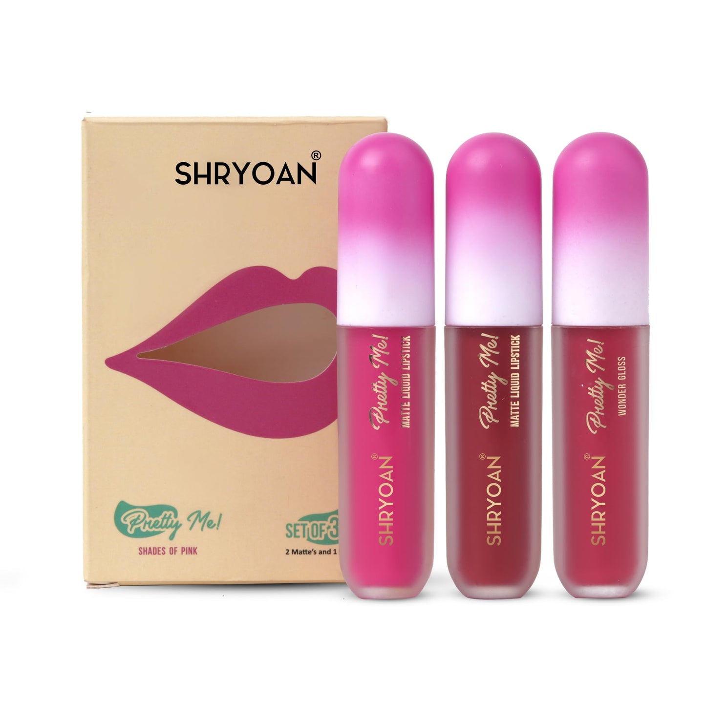 Shryoan Pretty Me! 2 Liquid Lipstick & 1 Lip Gloss | Transfer Proof & Highly Pigmented| Waterproof & Smudge-Proof | Pack of 3 | 6ml (Each) (Shades of Pink, Pack OF 3)