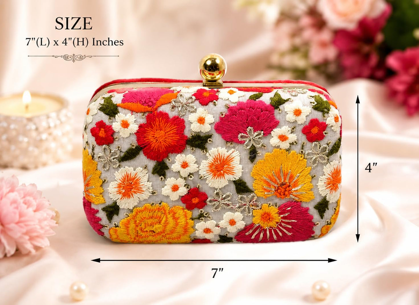 DUCHESS Women’s Embroidered Floral Box Clutch Bag – Silk Wedding Purse with Gold Metal Frame and Detachable Chain Strap – Ethnic Indian Bridal Handbag for Parties, Proms, and Evening Events