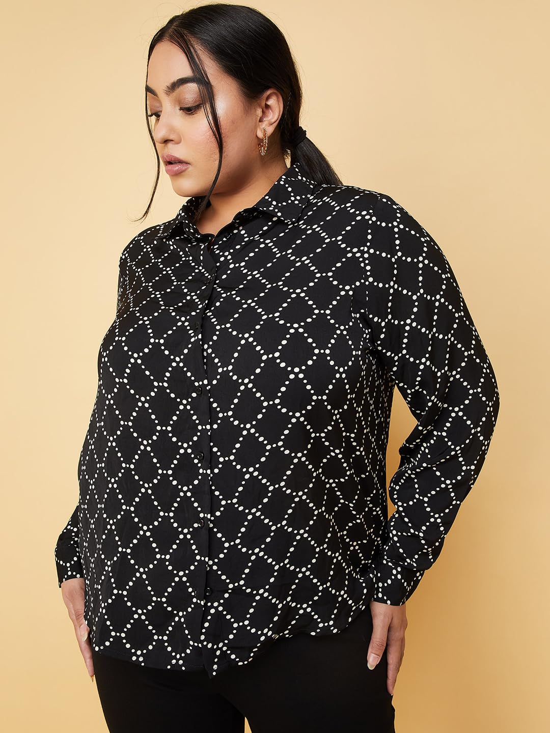 Max Women Plus Size Printed Bishop Sleeve Shirt (RIF01P_Black)
