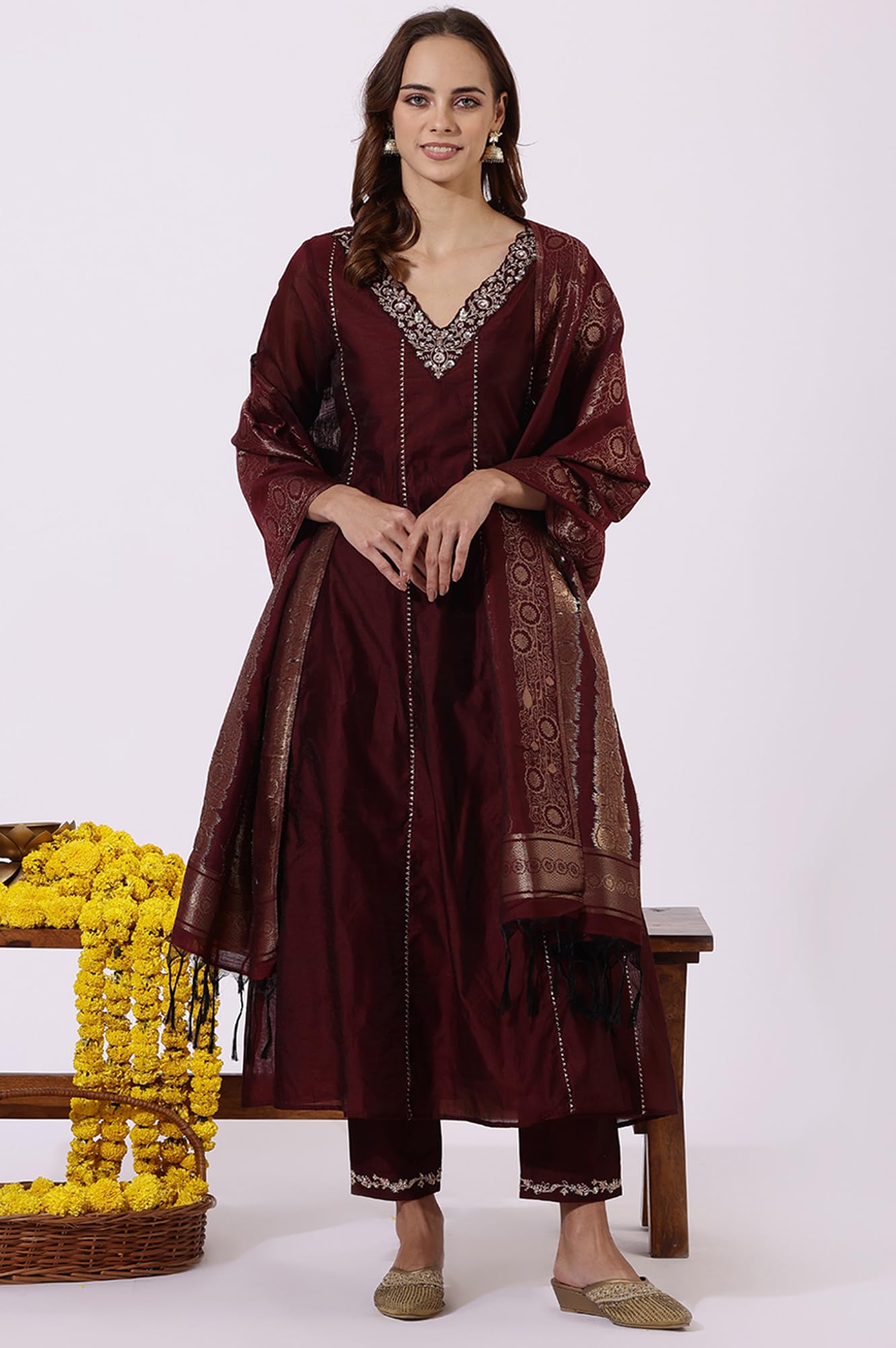 W Maroon A-line Kurta, Straight Pant & Dupatta for Women (Size: 2XL)-24AUWS11183-222470