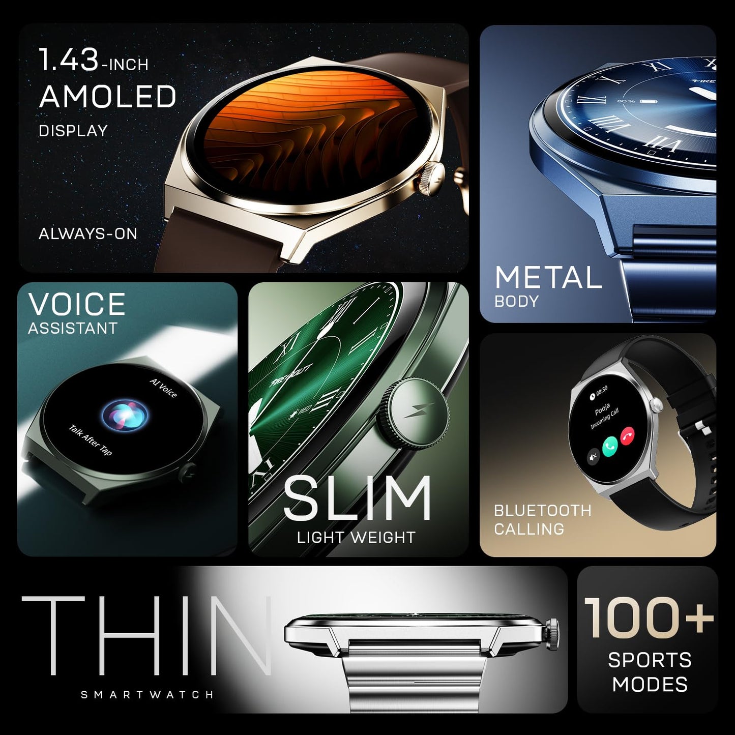 Fire-Boltt Phoenix Nova Smartwatch 1.43” Slim Super AMOLED Display, 466x466 Pixel Always-On Display, Bluetooth Calling, Health Tracker for Men & Women Shadow Black