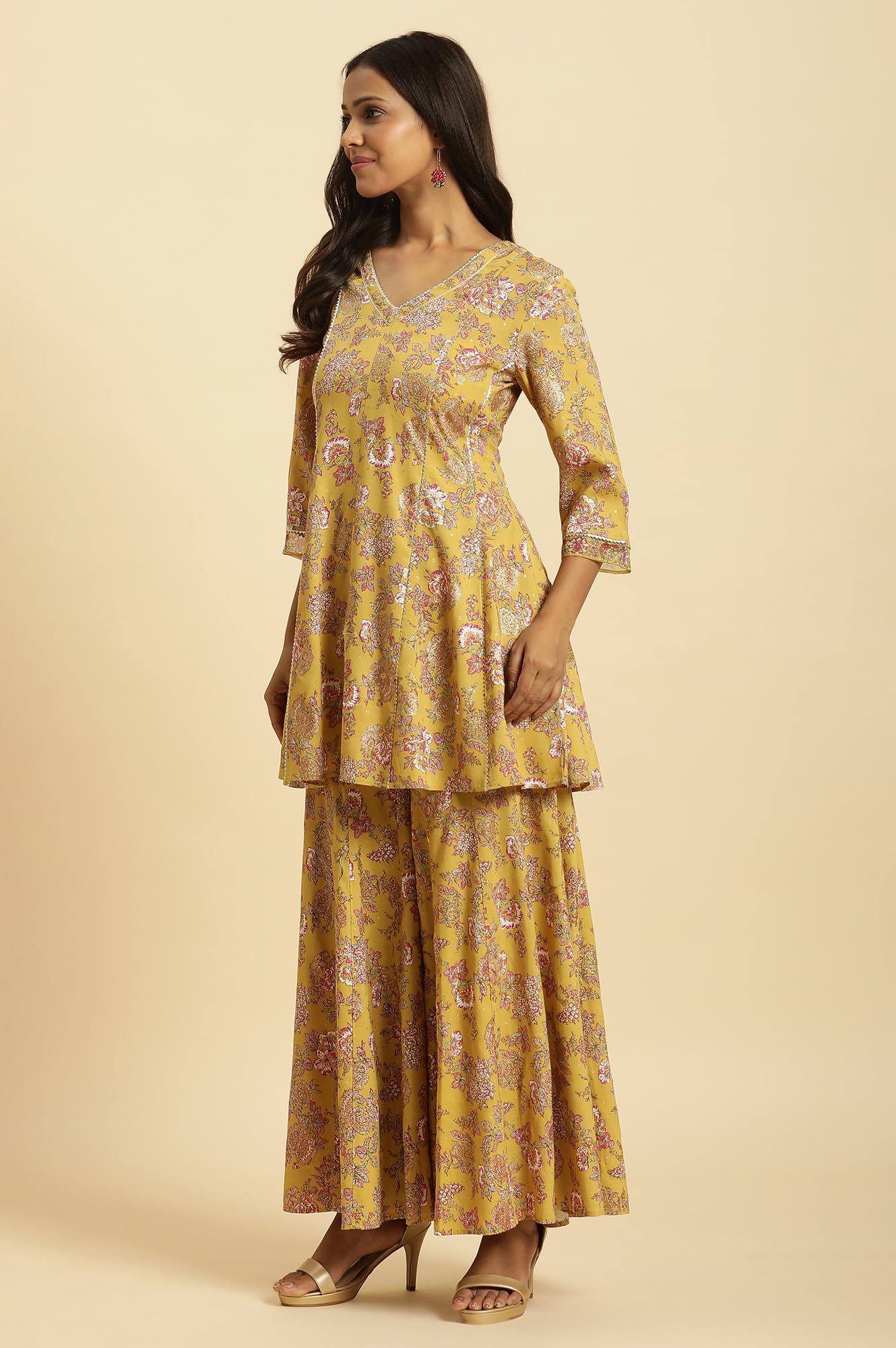 W for Woman Yellow Floral Printed Short Flared Kurta, Sharara and Dupatta Set_24AUWS19717-121051_2XL
