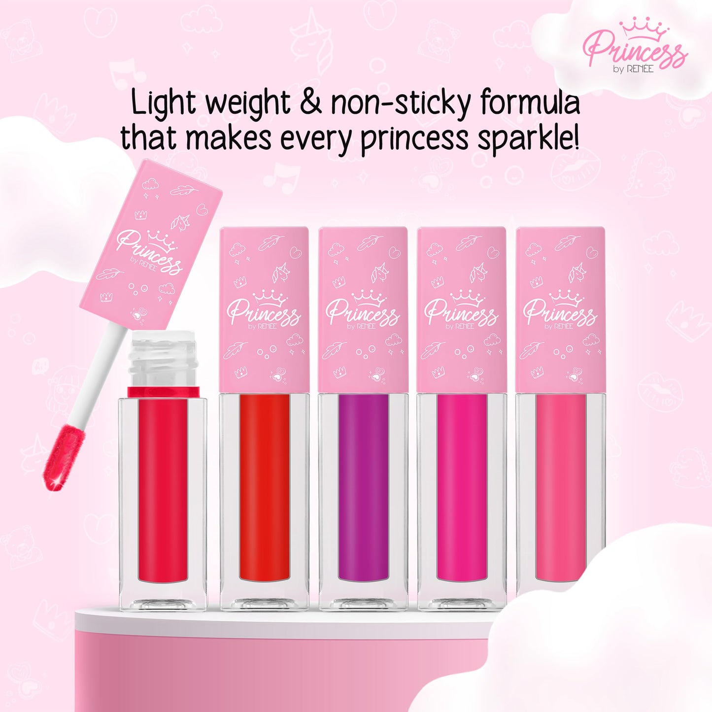 Princess by RENEE Royal Shine Lip Gloss Set, Soft, Shiny & Nourishing, Lightweight, Non-Sticky, Enriched with Strawberry Seed Oil, Jojoba & Avocado Oil, 5 Gentle Shades for Young Lips, 1.2Ml Each