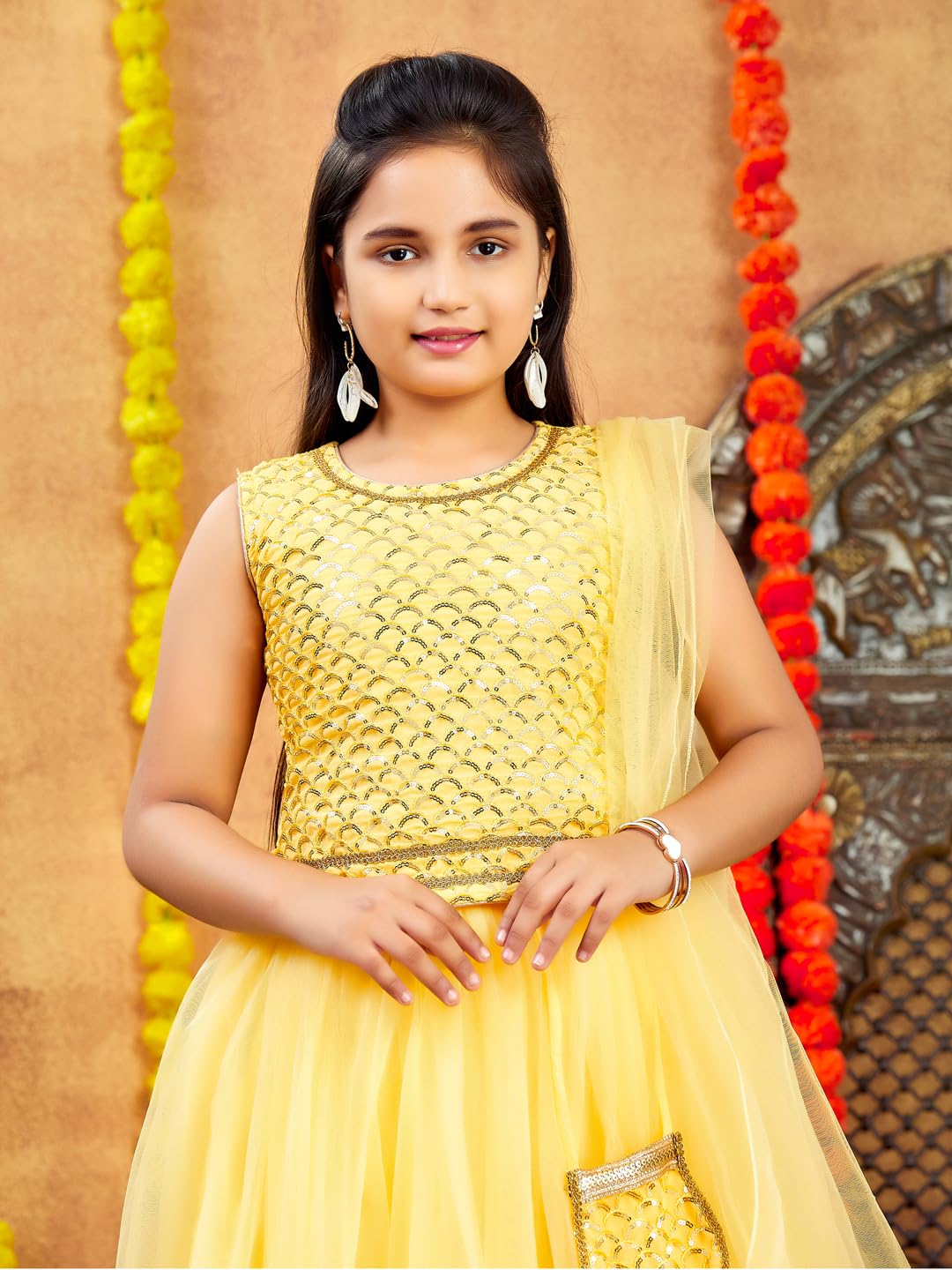 Aarika Girl's Polyester Lehenga Choli Set (LCH-18022_Yellow_12-13 Years)