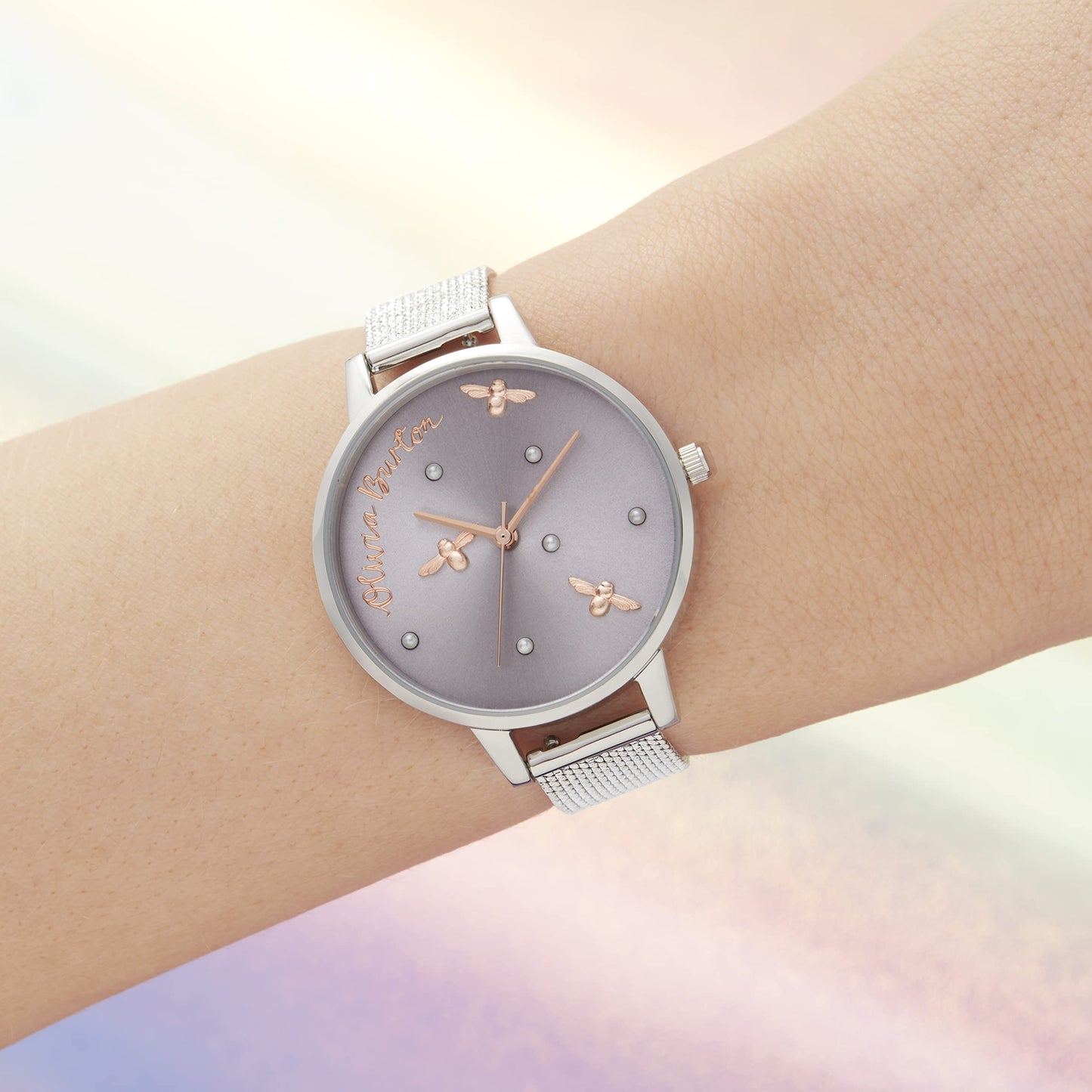 Olivia burton Pearly Queen Qtz Basic Purple & Fake Pearl & Bee Round Dial Women's Watch|Stainless Steel Material|Silver Color Band - OB16PQ01