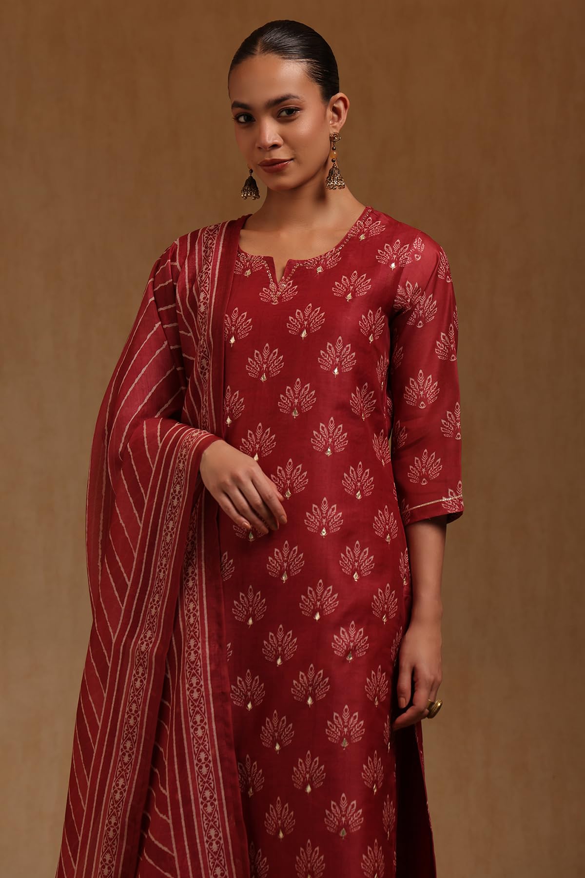 Soch Womens Brick Red Chanderi Floral Printed Salwar Suit With Zari