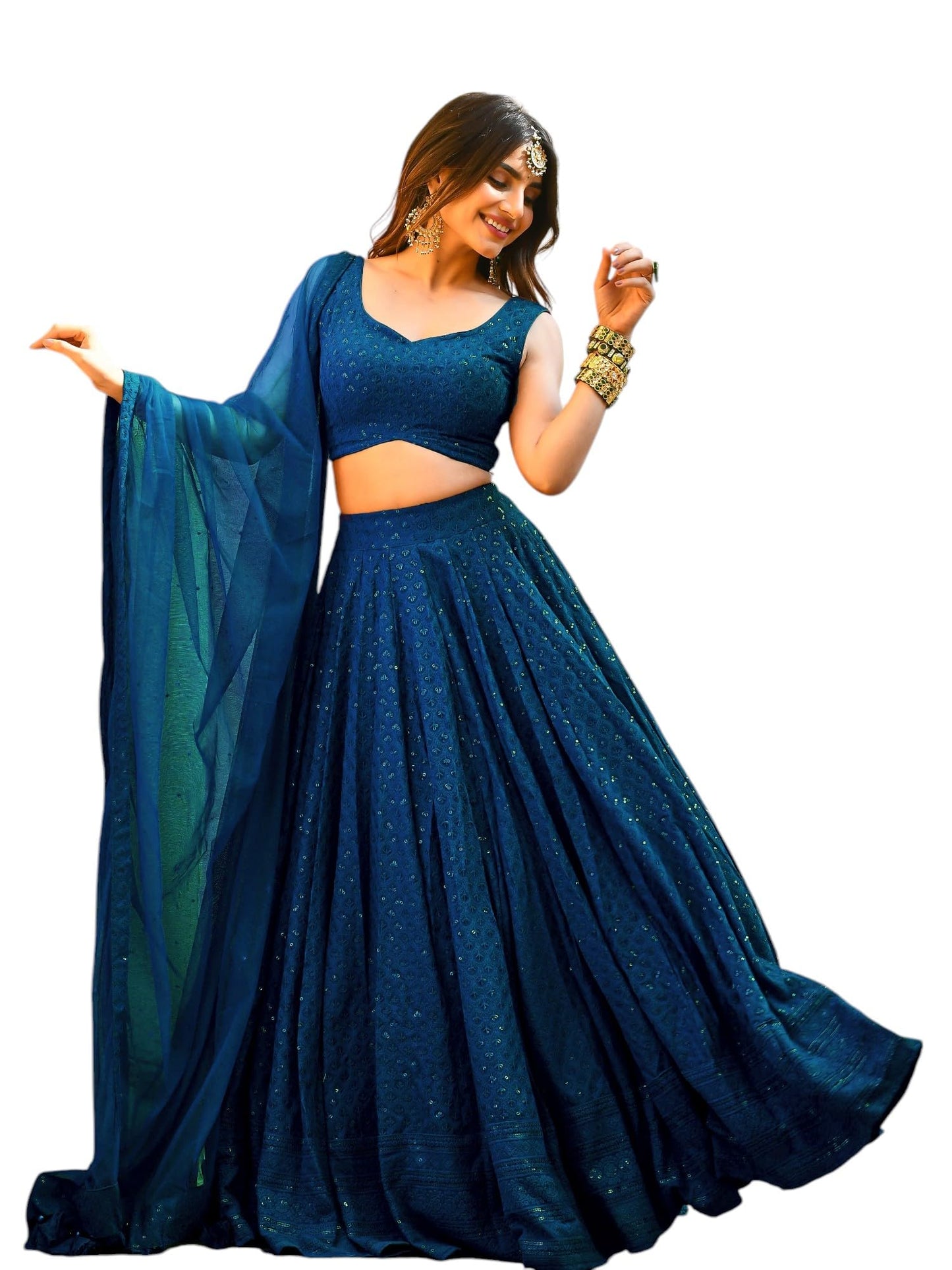 Zeel Clothing Women's Georgette Semi-Stitched Sequins Thread Embroidered Designer Lehenga Choli With Dupatta (5124-Blue-S-Lehenga-Choli-Latest; Free Size) (Blue)