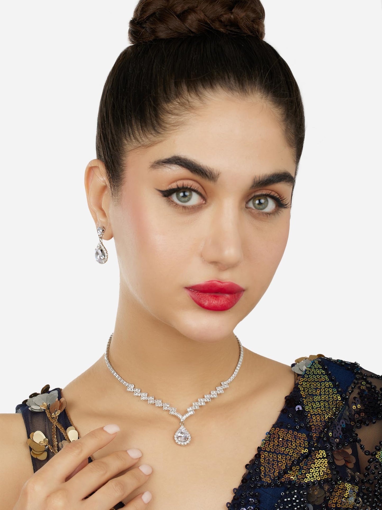 ZAVERI PEARLS Silver Tone Dazzling Austrian Diamonds Embellished Contemporary Necklace & Earring Set For Women-ZPFK18200