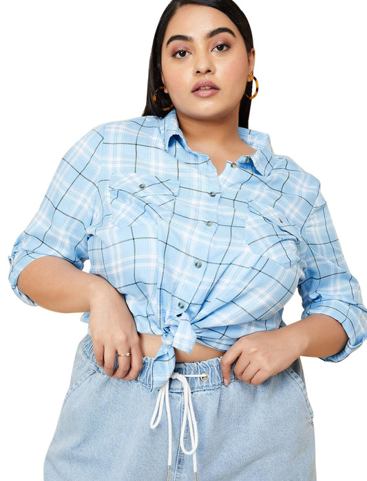 Max Women Plus Size Viscose Tartan Checked Yarn Dyed Shirt (DIZZY1DP_Light Blue)