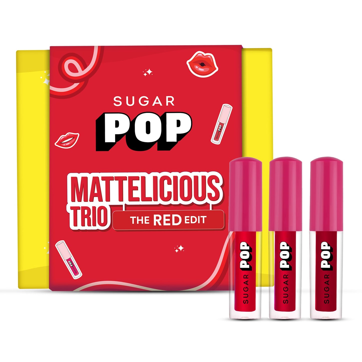 SUGAR POP Mattelicious Trio - The Red Edit - 4.8 ml | Set of 3 Red Matte Lipcolours | Non-drying | Transfer-proof | Smudgeproof