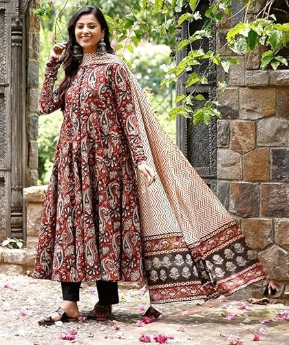 Avayayat Women's Rayon Blend Anarkali Printed Kurta with Palazzo & Dupatta Set Floral Printed Salwar Suit Set Kurta Pant with Dupatta Kurta Set for Women Black (IN, Alpha, XS, Black)