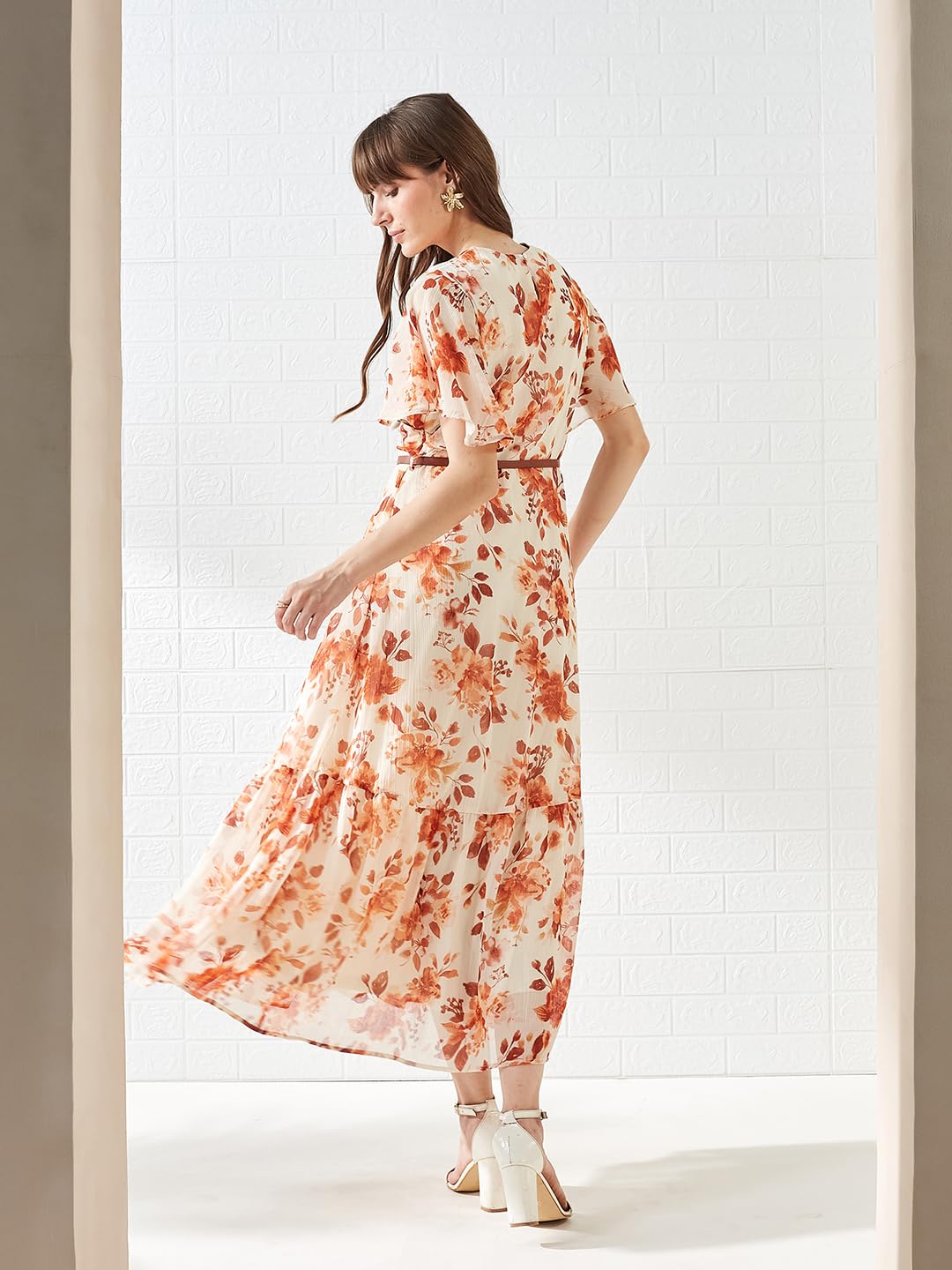 Latin Quarters Women's Rust Short Sleeves V-Neck Printed Casual Maxi Dress_M