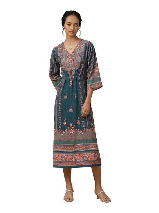 Aarke Ritu Kumar Teal Printed Kaftan Dress