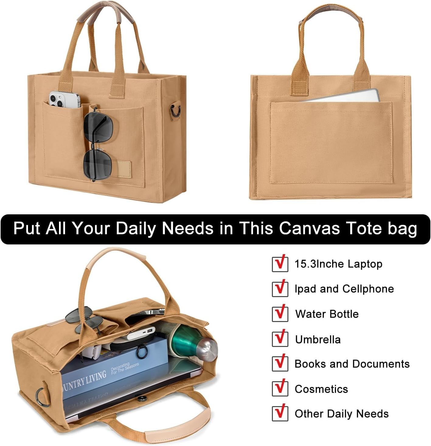 Kawn® Large Canvas Tote Bag for Women hobo Shoulder Bag with Zipper Multi-Pocket Satchel bag Crossbody Bag with Detachable Strap Everything Everyday Handbags for Office, College and Travel (Brown)