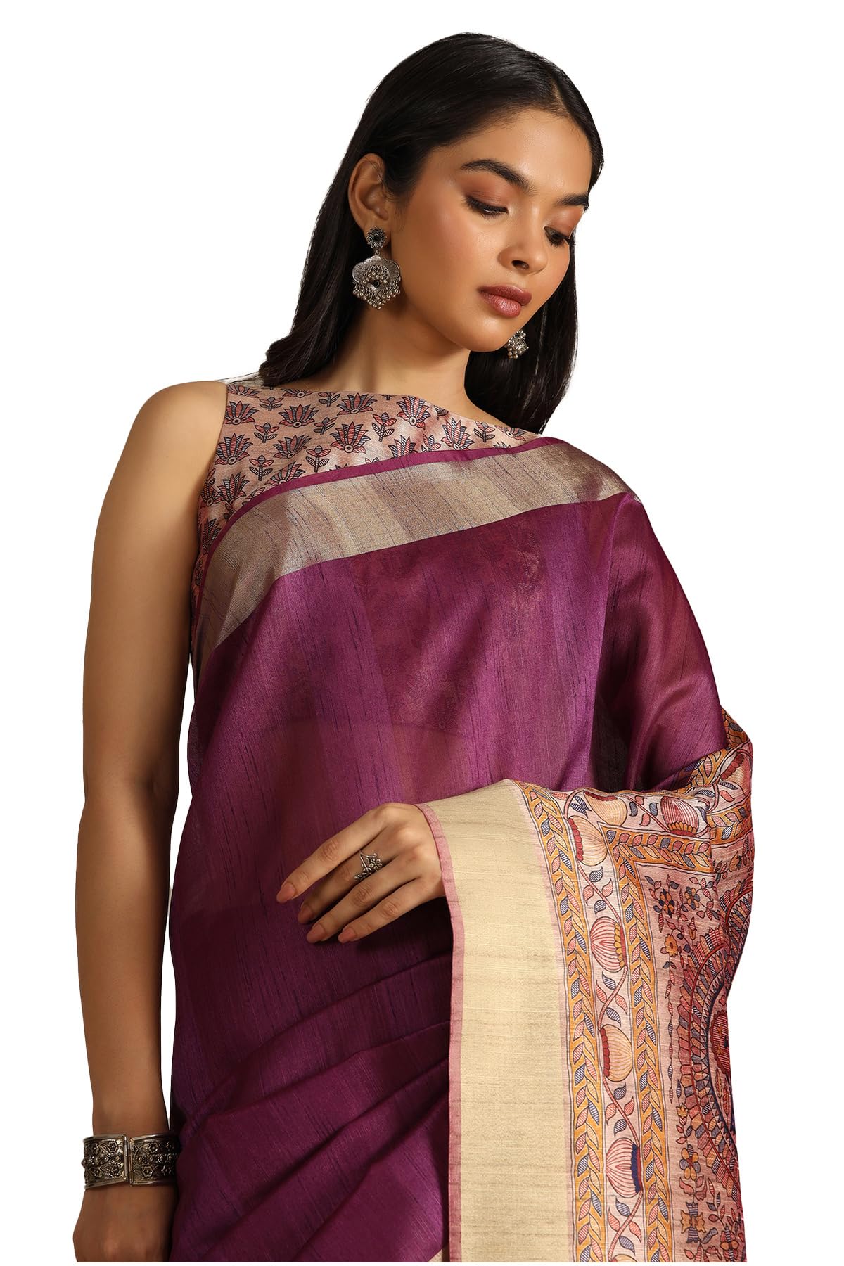 Soch Womens Wine Tussar Solid Saree