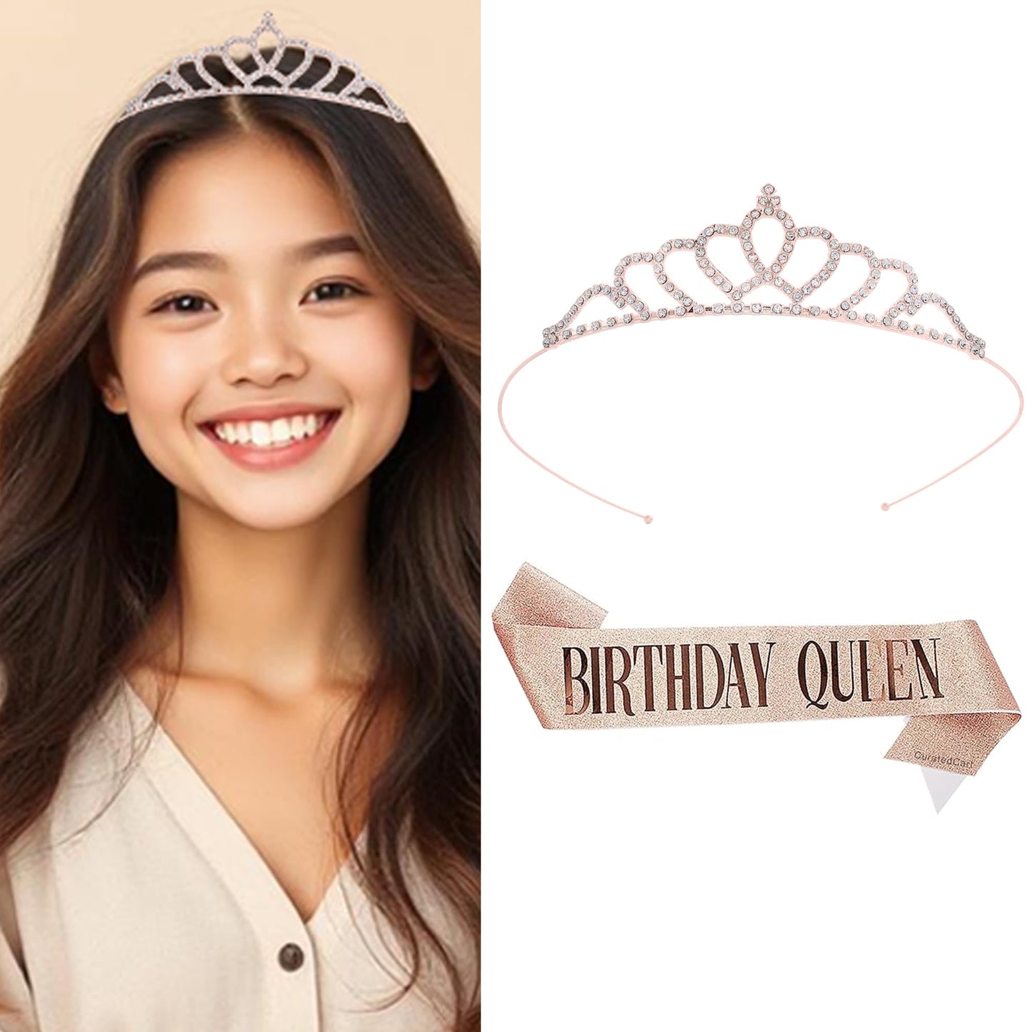 Curated Cart Stylish Birthday Sash and Crown Set - 2 Pcs | Birthday Queen Crown & Sash for Best Friend, Sister, Teenager | Perfect Gifts & Decorations - RoseGold