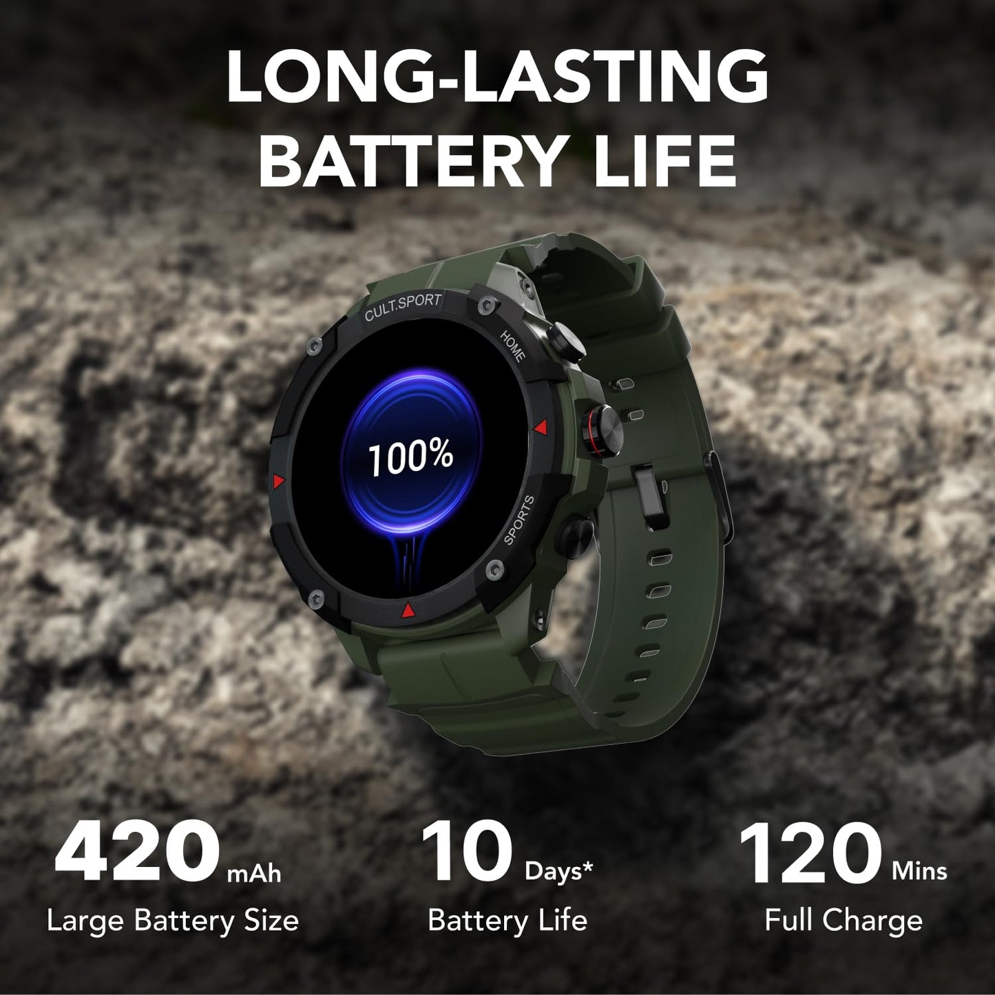 Cultsport (Refurbished) Ranger Xr 1.43" Amoled Smartwatch, Outdoor Rugged Smartwatch For Men, 850 Nits, Bluetooth Calling, 420Mah Battery, Sports Recognition, Health Tracking, Round Digital Watch