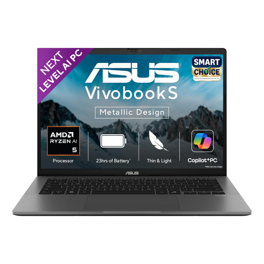 ASUS Vivobook S14,Smartchoice,AMD Ryzen AI 5 330,16GB RAM,512GB SSD,OLED,14",Win11,Office24,M365 Basic (1Yr),Matte Gray,1.4Kg,M3407KA-SF044WS,50 Tops,Metallic Design Laptop,Next-Gen AI Laptop,Copilot+
