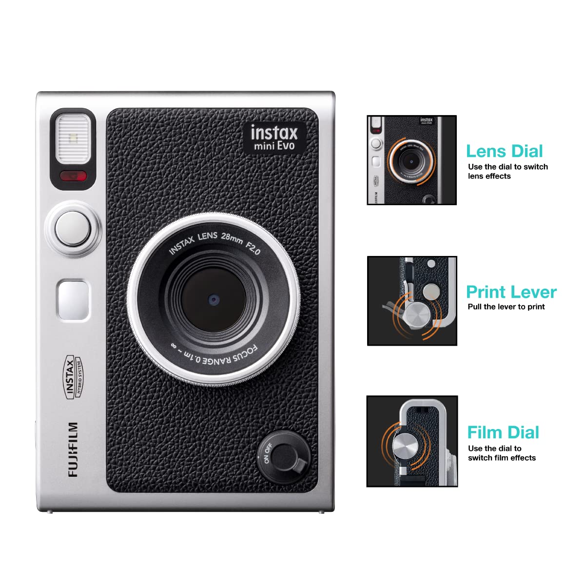 Fujifilm Instax Mini Evo Hybrid Camera Premium Edition with 20 Shots of Stone Gray Film and 100 Different Expressions-(Black)